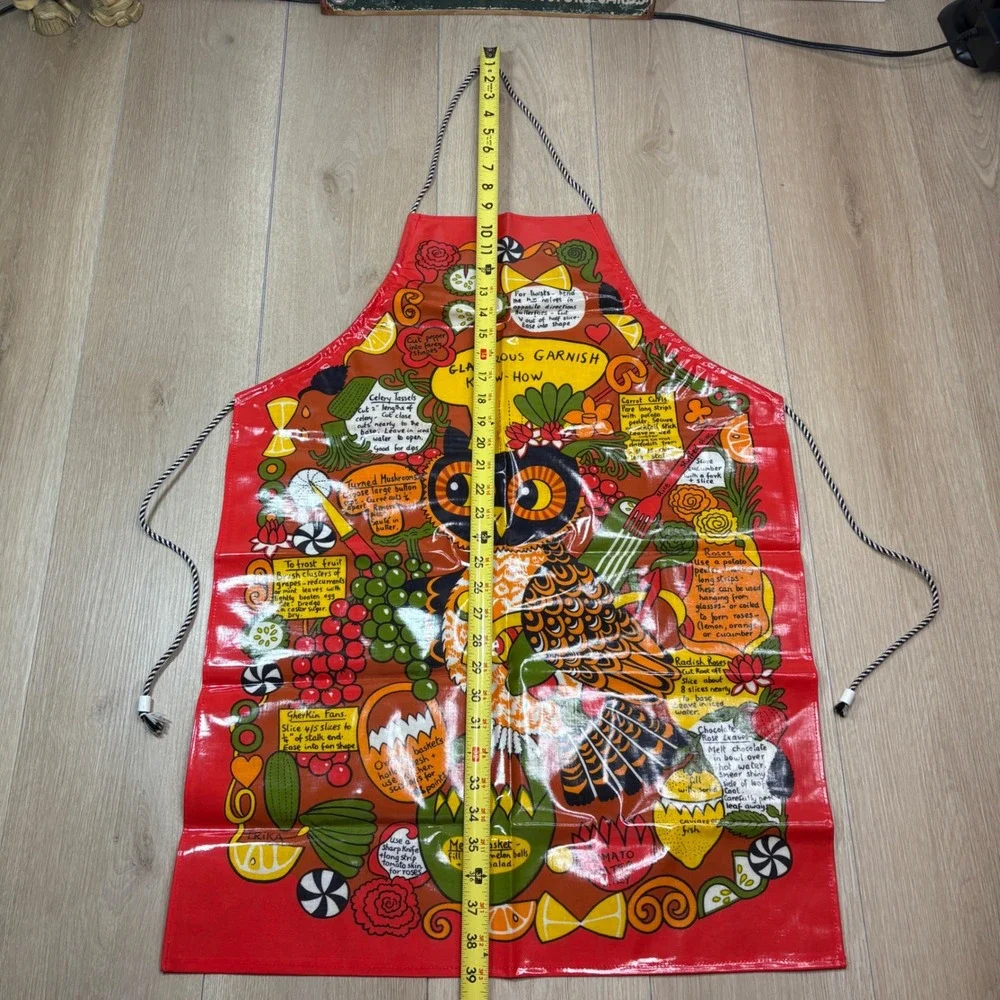 Vintage Erika Glamorous Garnish Know-How Owl Apron Red Retro Kitsch Wipeable